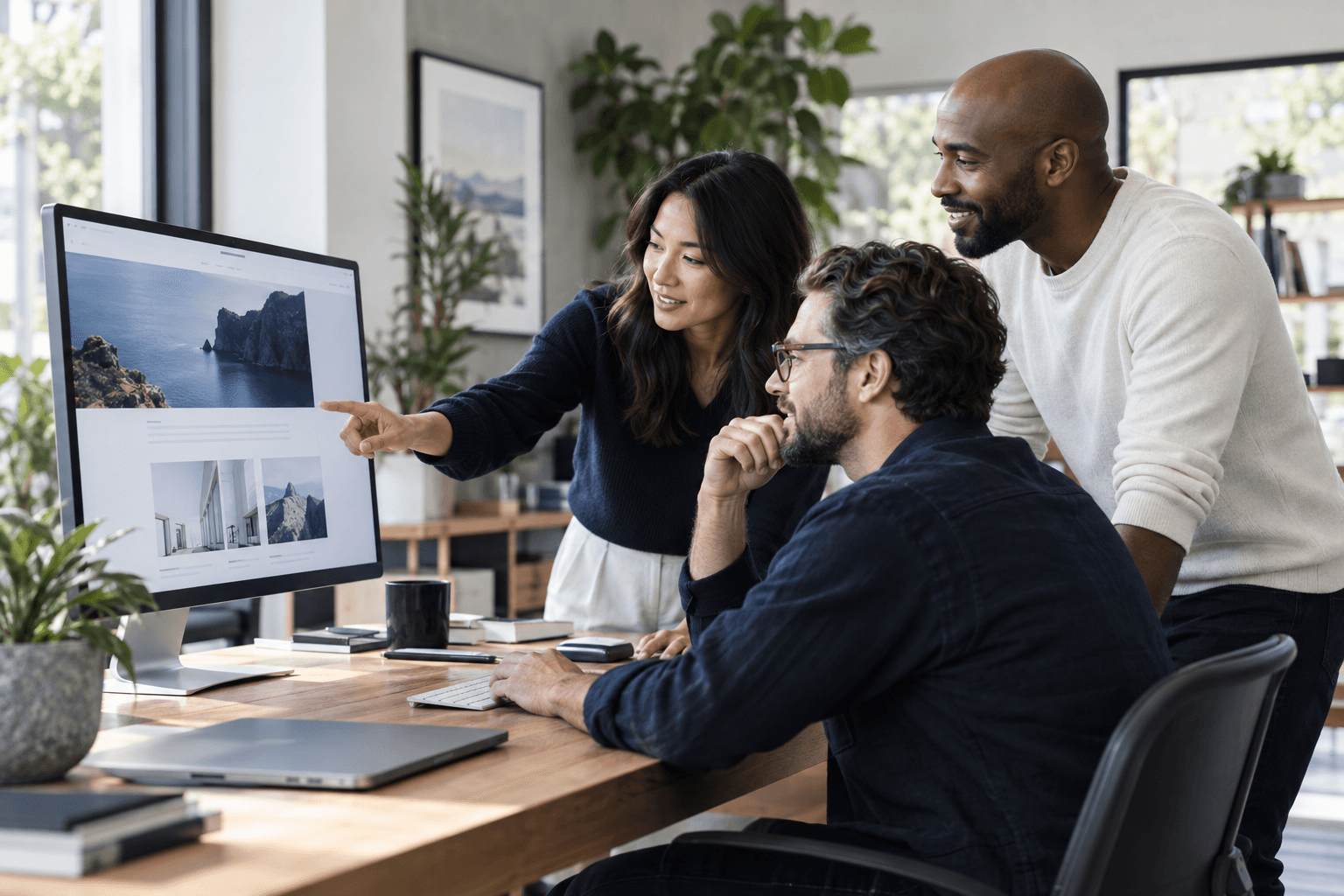 Web development team collaborating on a client website