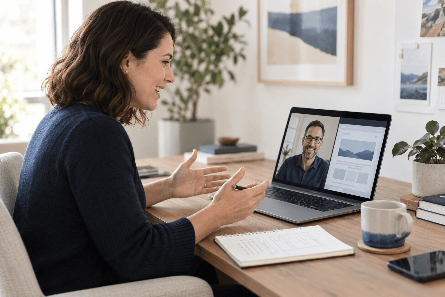 Web strategist discussing a website project on a video call